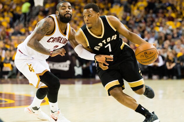 CLEVELAND, OH - MAY 3: Kyle Lowry #7 of the Toronto Raptors drives around Kyrie Irving #2 of the Cleveland Cavaliers during the first half of Game Two of the NBA Eastern Conference semifinals at Quicken Loans Arena on May 3, 2017 in Cleveland, Ohio. NOTE TO USER: User expressly acknowledges and agrees that, by downloading and or using this photograph, User is consenting to the terms and conditions of the Getty Images License Agreement. (Photo by Jason Miller/Getty Images)