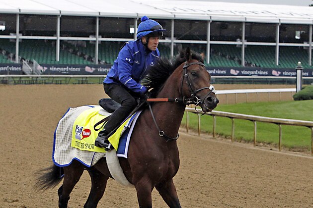 Exercise rider Daragh O'Donohoe prepares to gallop Kentucky Derby entrant Thunder Snow at Churchill Downs in Louisville, Ky., Thursday, May 4, 2017. The Kentucky Derby horse race is set for Saturday, May 6. (AP Photo/Garry Jones)