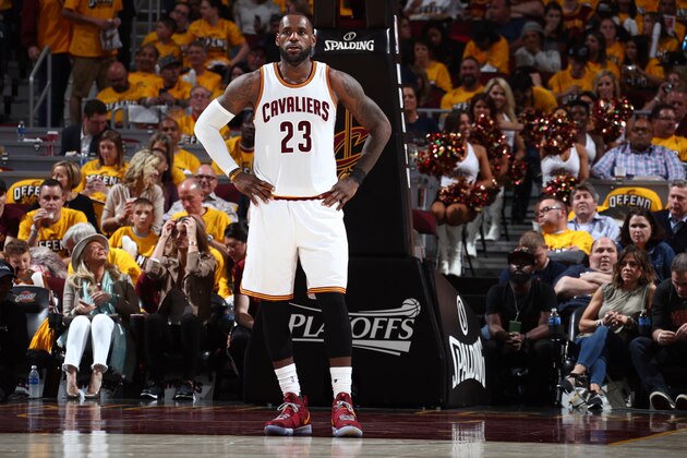CLEVELAND, OH - MAY 1:  LeBron James #23 of the Cleveland Cavaliers stands on the court against the Toronto Raptors in Game One of the Eastern Conference Semifinals of the 2017 NBA Playoffs on May 1, 2017 at Quicken Loans Arena in Cleveland, Ohio. NOTE TO USER: User expressly acknowledges and agrees that, by downloading and/or using this photograph, user is consenting to the terms and conditions of the Getty Images License Agreement. Mandatory Copyright Notice: Copyright 2017 NBAE (Photo by Nathaniel S. Butler/NBAE via Getty Images)