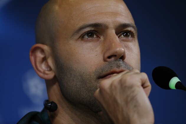 Barcelona's defender Javier Mascherano from Argentina attends a press conference on the eve of the UEFA Champions League football match Juventus Vs FC Barcelona on April 10, 2017 at the 'Juventus Stadium' in Turin.  / AFP PHOTO / Marco BERTORELLO        (Photo credit should read MARCO BERTORELLO/AFP/Getty Images)