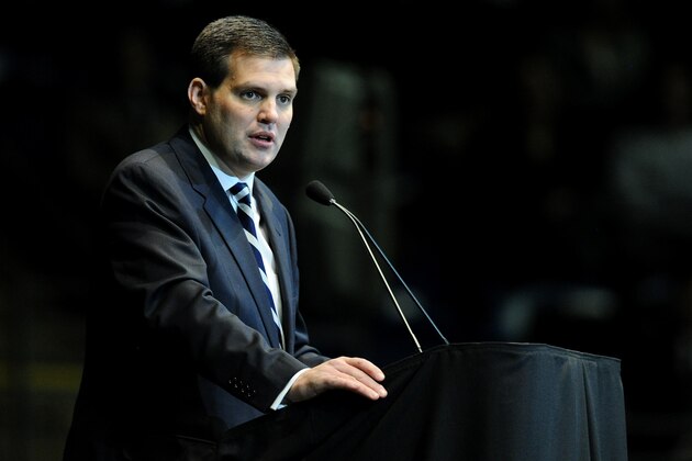 STATE COLLEGE, PA - JANUARY 26: Jay Paterno, son of Joe Paterno, pauses during his speech during a public memorial for former Penn State Football coach Joe Paterno at the Bryce Jordan Center on the campus of Penn State, January 26, 2012 in State College, Pennsylvania. Paterno, who was 85, died due to complications from lung cancer on January 22, 2012. (Photo by Patrick Smith/Getty Images)
