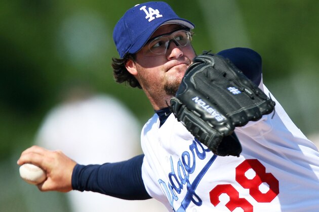VERO BEACH, FL - MARCH 12:  Closer Eric Gagne #38 of the Los Angeles Dodgers pitches against the Houston Astros during a spring training game at Holman Stadium March 12, 2006 in Vero Beach, Florida. Gagne is coming back from an injury and pitched just one inning against the Astros.  (Photo by Doug Benc/Getty Images)