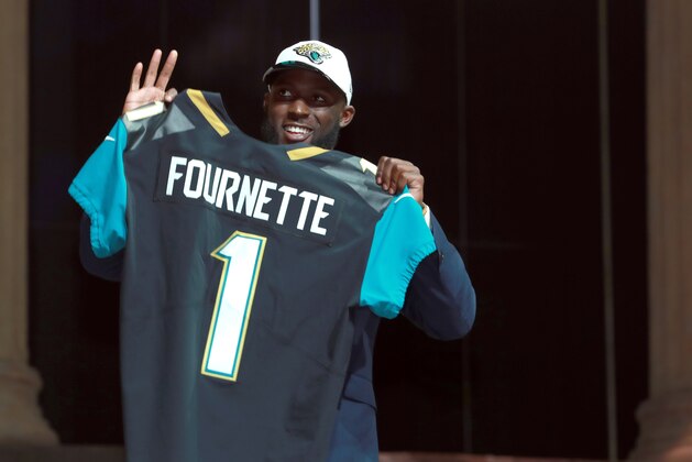LSU's Leonard Fournette poses after being selected by the Jacksonville Jaguars during the first round of the 2017 NFL football draft, Thursday, April 27, 2017, in Philadelphia.  (Jeff Haynes/AP Images for Panini)