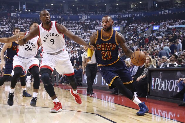 TORONTO, CANADA - MAY 5:  LeBron James #23 of the Cleveland Cavaliers handles the ball against the Toronto Raptors during Game Three of the Eastern Conference Semifinals of the 2017 NBA Playoffs on May 5, 2017 at the Air Canada Centre in Toronto, Ontario, Canada. NOTE TO USER: User expressly acknowledges and agrees that, by downloading and/or using this photograph, user is consenting to the terms and conditions of the Getty Images License Agreement.  Mandatory Copyright Notice: Copyright 2017 NBAE (Photo by Nathaniel S. Butler/NBAE via Getty Images)