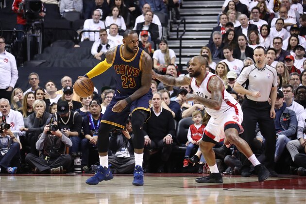 TORONTO, CANADA - MAY 5:  LeBron James #23 of the Cleveland Cavaliers handles the ball against the Toronto Raptors during Game Three of the Eastern Conference Semifinals of the 2017 NBA Playoffs on May 5, 2017 at the Air Canada Centre in Toronto, Ontario, Canada. NOTE TO USER: User expressly acknowledges and agrees that, by downloading and/or using this photograph, user is consenting to the terms and conditions of the Getty Images License Agreement.  Mandatory Copyright Notice: Copyright 2017 NBAE (Photo by Nathaniel S. Butler/NBAE via Getty Images)