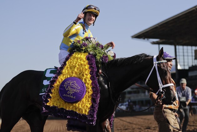 Julien Leparoux celebrates after riding Classic Empire to victory in the Breeders' Cup Juvenile horse race at Santa Anita Park, Saturday, Nov. 5, 2016, in Arcadia, Calif. (AP Photo/Jae C. Hong)