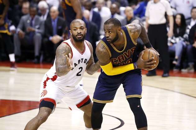 TORONTO, CANADA - MAY 5: LeBron James #23 of the Cleveland Cavaliers handles the ball during the game against the Toronto Raptors in Game Three of the Eastern Conference Semifinals during the 2017 NBA Playoffs on May 5, 2017 at the Air Canada Centre in Toronto, Ontario, Canada.  NOTE TO USER: User expressly acknowledges and agrees that, by downloading and or using this Photograph, user is consenting to the terms and conditions of the Getty Images License Agreement.  Mandatory Copyright Notice: Copyright 2017 NBAE (Photo by Mark Blinch/NBAE via Getty Images)