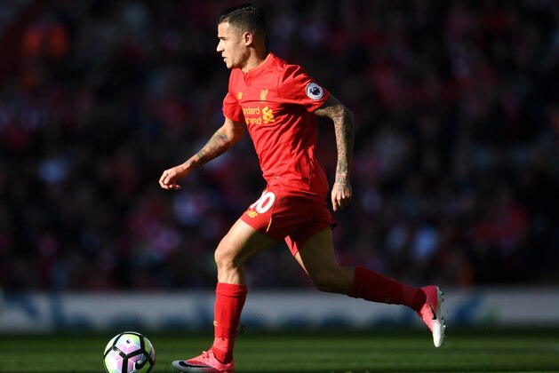 LIVERPOOL, ENGLAND - APRIL 23:  Philippe Coutinho of Liverpool in action during the Premier League match between Liverpool and Crystal Palace at Anfield on April 23, 2017 in Liverpool, England.  (Photo by Laurence Griffiths/Getty Images)