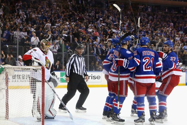 NEW YORK, NY - MAY 04:  Chris Kreider #20 of the New York Rangers celebartes his third period goal against Mike Condon #1 of the Ottawa Senators in Game Four of the Eastern Conference Second Round during the 2017 NHL Stanley Cup Playoffs at Madison Square Garden on May 4, 2017 in New York City. The Rangers defeated the Senators 4-1.  (Photo by Bruce Bennett/Getty Images)