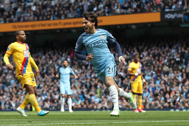 MANCHESTER, ENGLAND - MAY 06:  David Silva of Manchester City celebrates scoring his sides first goal during the Premier League match between Manchester City and Crystal Palace at the Etihad Stadium on May 6, 2017 in Manchester, England.  (Photo by Mark Robinson/Getty Images)