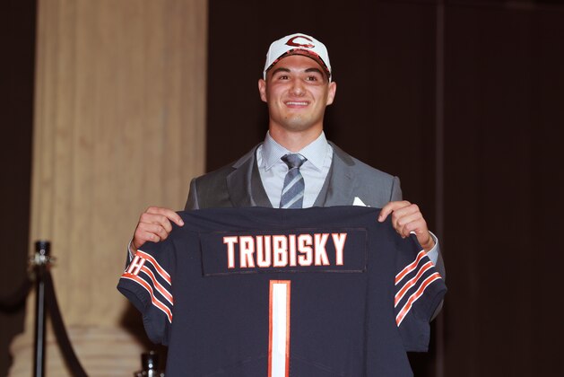 North Carolina's Mitch Trubisky poses after being selected by the Chicago Bears during the first round of the 2017 NFL football draft, Thursday, April 27, 2017, in Philadelphia. (Jeff Haynes/AP Images for Panini)