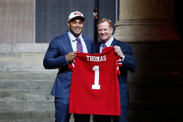 PHILADELPHIA, PA - APRIL 27:  (L-R) Solomon Thomas of Stanford poses with Commissioner of the National Football League Roger Goodell after being picked #3 overall by the San Francisco 49ers (from Bears) during the first round of the 2017 NFL Draft at the Philadelphia Museum of Art on April 27, 2017 in Philadelphia, Pennsylvania.  (Photo by Jeff Zelevansky/Getty Images)