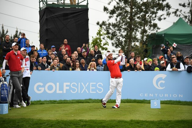 ST ALBANS, ENGLAND - MAY 06:  Andy Sullivan of England tees off on the 5th hole during the Group A match between England and Netherlands during day one of GolfSixes at The Centurion Club on May 6, 2017 in St Albans, England.  (Photo by Ross Kinnaird/Getty Images)