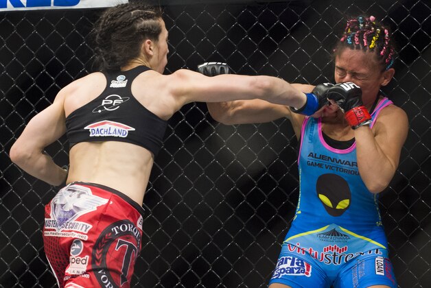 DALLAS, TX - MARCH 14:  Joanna Jedrzejczyk throws a punch at Carla Esparza during UFC 185 at the American Airlines Center on March 14, 2015 in Dallas, Texas. (Photo by Cooper Neill/Zuffa LLC/Zuffa LLC via Getty Images)