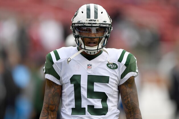 SANTA CLARA, CA - DECEMBER 11:  Brandon Marshall #15 of the New York Jets looks on during pregame warm ups prior to playing the San Francisco 49ers in an NFL football game at Levi's Stadium on December 11, 2016 in Santa Clara, California.  (Photo by Thearon W. Henderson/Getty Images)