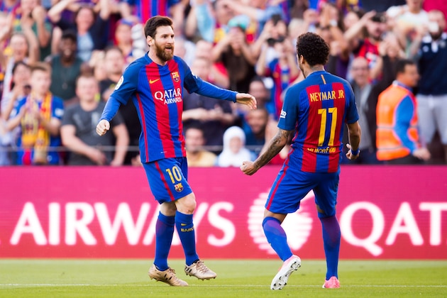 BARCELONA, SPAIN - MAY 06: Lionel Messi of FC Barcelona celebrates with his teammate Neymar Santos Jr after scoring his team's second goal during the La Liga match between FC Barcelona and Villarreal CF at Camp Nou stadium on May 6, 2017 in Barcelona, Spain. (Photo by Alex Caparros/Getty Images)