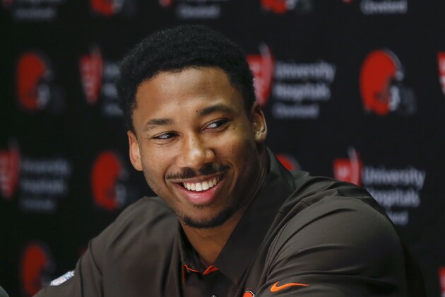 Cleveland Browns' Myles Garrett answers a questions during a news conference at the NFL team's training facility, Friday, April 28, 2017, in Berea, Ohio. Garrett played defensive end at Texas A&M. (AP Photo/Ron Schwane)
