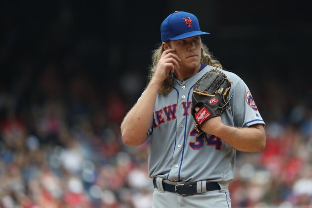 WASHINGTON, DC - APRIL 30: Starting pitcher Noah Syndergaard #34 of the New York Mets looks on during the first inning against the Washington Nationals at Nationals Park on April 30, 2017 in Washington, DC. (Photo by Patrick Smith/Getty Images)
