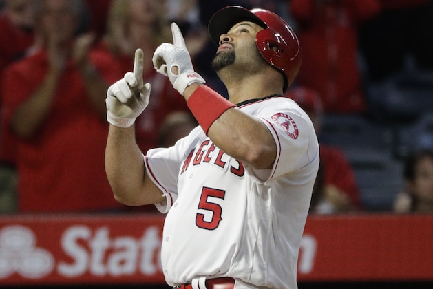 Los Angeles Angels' Albert Pujols celebrates his home run during the second inning of a baseball game against the Houston Astros, Friday, May 5, 2017, in Anaheim, Calif. (AP Photo/Jae C. Hong)