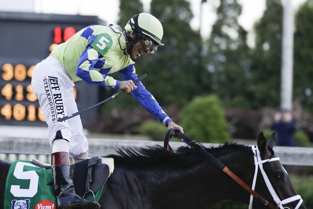 John Velazquez rides Always Dreaming to victory in the 143rd running of the Kentucky Derby horse race at Churchill Downs Saturday, May 6, 2017, in Louisville, Ky. (AP Photo/Garry Jones)