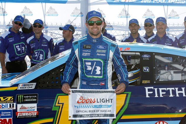 TALLADEGA, AL - MAY 06:  Ricky Stenhouse Jr., driver of the #17 Fifth Third Bank Ford, poses with the Coors Light Pole Award after qualifying for the pole position for the Monster Energy NASCAR Cup Series GEICO 500 at Talladega Superspeedway on May 6, 2017 in Talladega, Alabama.  (Photo by Brian Lawdermilk/Getty Images)