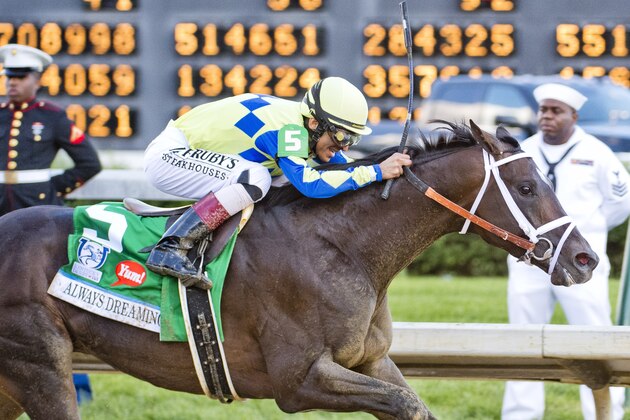 LOUISVILLE, KY - MAY 06: Always Dreaming #5, ridden by John Velazquez, wins the Kentucky Derby on Kentucky Derby Day at Churchill Downs on May 6, 2017 in Louisville, Kentucky. (Photo by Scott Serio/Eclipse Sportswire/Getty Images)