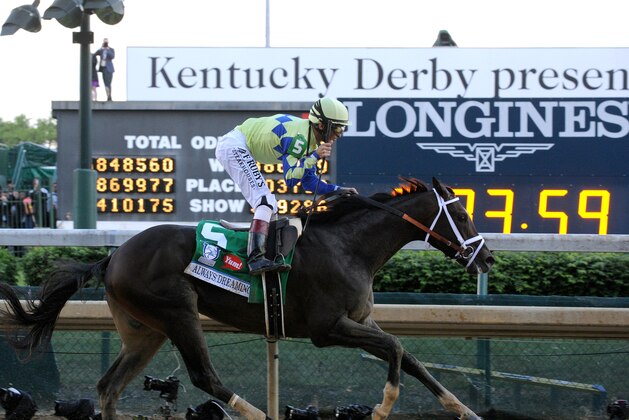 IMAGE DISTRIBUTED FOR LONGINES - Always Dreaming, ridden by John Velazquez, wins the 143rd running of the Kentucky Derby, Saturday, May 6, 2017, at Churchill Downs in Louisville, Ky. Longines, the Swiss watch manufacturer known for its luxury timepieces, is the Official Watch and Timekeeper of the 143rd annual Kentucky Derby. (Photo by Diane Bondareff /AP Images for Longines)