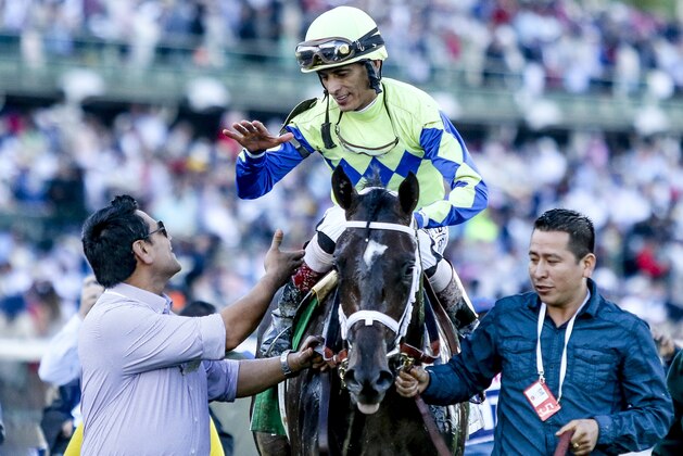 LOUISVILLE, KY - MAY 06: John Velazquez is congratulated after winning the Kentucky Derby aboard Always Dreaming #5 on Kentucky Derby Day at Churchill Downs on May 6, 2017 in Louisville, Kentucky. (Photo by Candice Chavez/Eclipse Sportswire/Getty Images)