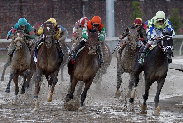 May 6, 2017; Louisville , KY, USA; John Velazquez aboard Always Dreaming (5) leads the field to the final stretch and wins the 2017 Kentucky Derby at Churchill Downs. Mandatory Credit: Brian Spurlock-USA TODAY Sports