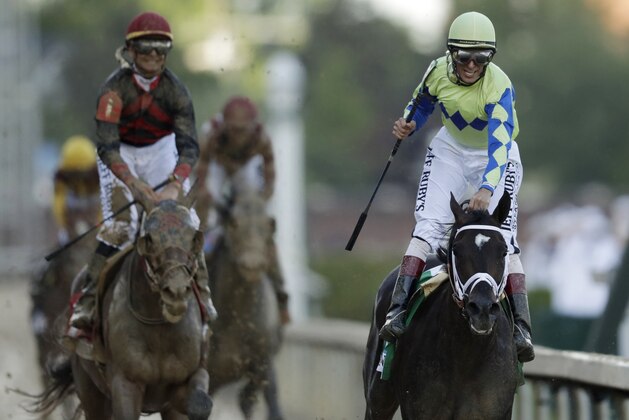 John Velazquez rides Always Dreaming to victory in the 143rd running of the Kentucky Derby horse race at Churchill Downs Saturday, May 6, 2017, in Louisville, Ky. (AP Photo/Matt Slocum)
