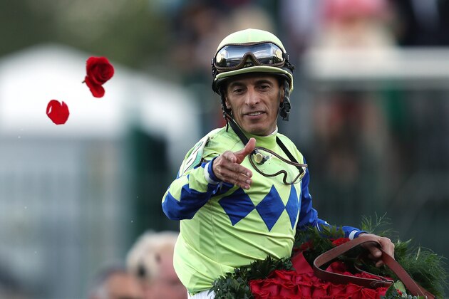 LOUISVILLE, KY - MAY 06:  Jockey John Velazquez celebrates atop Always Dreaming #5 after winning the 143rd running of the Kentucky Derby at Churchill Downs on May 6, 2017 in Louisville, Kentucky.  (Photo by Patrick Smith/Getty Images)