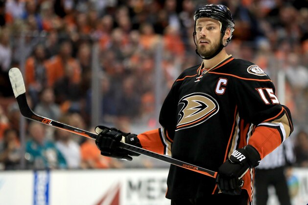 ANAHEIM, CA - APRIL 28:  Ryan Getzlaf #15 of the Anaheim Ducks looks on during the second period of Game Two of the Western Conference Second Round during the 2017  NHL Stanley Cup Playoffs against the Edmonton Oilers  at Honda Center on April 28, 2017 in Anaheim, California.  (Photo by Sean M. Haffey/Getty Images)