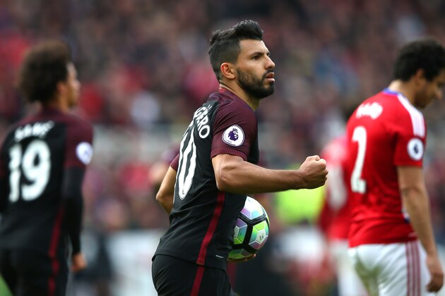 MIDDLESBROUGH, ENGLAND - APRIL 30: Sergio Aguero of Manchester City scores his sides first goal from the penalty spot during the Premier League match between Middlesbrough and Manchester City at the Riverside Stadium on April 30, 2017 in Middlesbrough, England.  (Photo by Alex Livesey/Getty Images)