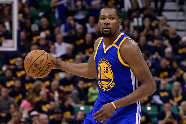 SALT LAKE CITY, UT - MAY 6: Kevin Durant #35 of the Golden State Warriors controls the ball in the second half of their 102-91 win over the Utah Jazz in Game Three of the Western Conference Semifinals during the 2017 NBA Playoffs at Vivint Smart Home Arena on May 6, 2017 in Salt Lake City, Utah. Durant scored thirty eight points in the victory. NOTE TO USER: User expressly acknowledges and agrees that, by downloading and or using this photograph, User is consenting to the terms and conditions of the Getty Images License Agreement. (Photo by Gene Sweeney Jr/Getty Images)