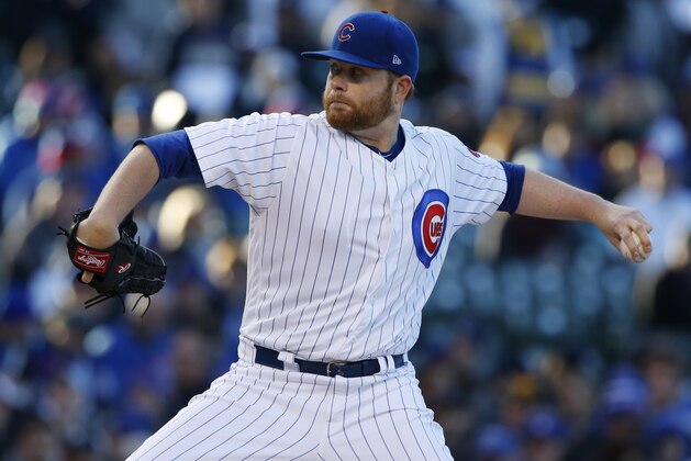 Chicago Cubs starting pitcher Brett Anderson throws against the New York Yankees during the first inning of an interleague baseball game Saturday, May 6, 2017, in Chicago. (AP Photo/Nam Y. Huh)