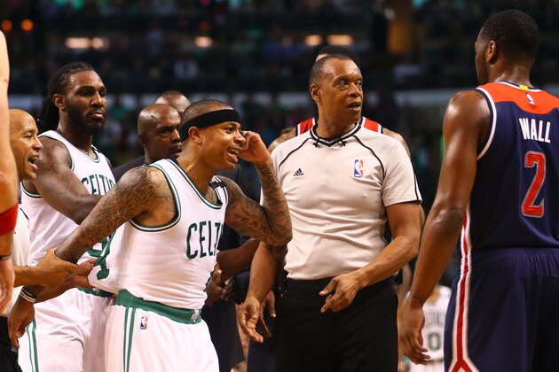 BOSTON, MA - MAY 2: Isaiah Thomas #4 of the Boston Celtics reacts after a foul is called against him during the third quarter of Game Two of the Eastern Conference Semifinals against the Washington Wizards  at TD Garden on May 2, 2017 in Boston, Massachusetts. The Celtics defeat the Wizards 129-119. NOTE TO USER: User expressly acknowledges and agrees that, by downloading and or using this Photograph, user is consenting to the terms and conditions of the Getty Images License Agreement. (Photo by Maddie Meyer/Getty Images)