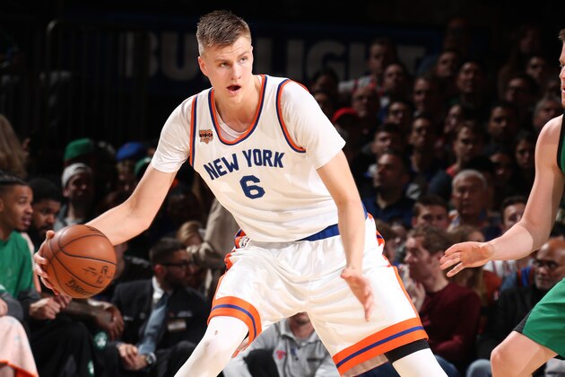 NEW YORK, NY - APRIL 2:  Kristaps Porzingis #6 of the New York Knicks handles the ball during a game against the Boston Celtics on April 2, 2017 at Madison Square Garden in New York City, New York.  NOTE TO USER: User expressly acknowledges and agrees that, by downloading and/or using this photograph, user is consenting to the terms and conditions of the Getty Images License Agreement. Mandatory Copyright Notice: Copyright 2017 NBAE (Photo by Nathaniel S. Butler/NBAE via Getty Images)
