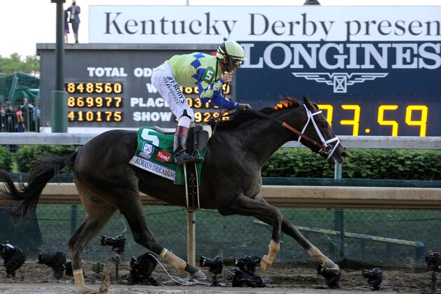 IMAGE DISTRIBUTED FOR LONGINES - Always Dreaming, ridden by John Velazquez, wins the 143rd running of the Kentucky Derby, Saturday, May 6, 2017, at Churchill Downs in Louisville, Ky. Longines, the Swiss watch manufacturer known for its luxury timepieces, is the Official Watch and Timekeeper of the 143rd annual Kentucky Derby. (Photo by Diane Bondareff /AP Images for Longines)