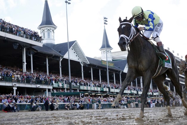 May 6, 2017; Louisville , KY, USA; John Velazquez aboard Always Dreaming (5) wins the 2017 Kentucky Derby at Churchill Downs. Mandatory Credit: Brian Spurlock-USA TODAY Sports