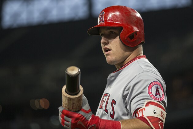 SEATTLE, WA - MAY 2: Mike Trout #27 of the Los Angeles Angels of Anaheim waits in the on-deck circle before an at-bat in game against the Seattle Mariners at Safeco Field on May 2, 2017 in Seattle, Washington. The Angels won the game 6-4 in 11 innings. (Photo by Stephen Brashear/Getty Images)