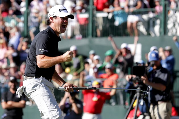 WILMINGTON, NC - MAY 7: Brian Harman reacts after putting for birdie on the 18th hole to win the Wells Fargo Championship at Eagle Point Golf Club on May 7, 2017 in Wilmington, North Carolina. (Photo by Streeter Lecka/Getty Images)