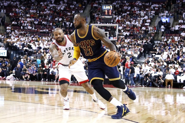 TORONTO, CANADA - MAY 7: LeBron James #23 of the Cleveland Cavaliers handles the ball during the game against the Toronto Raptors in Game Four of the Eastern Conference Semifinals during the 2017 NBA Playoffs on May 7, 2017 at the Air Canada Centre in Toronto, Ontario, Canada.  NOTE TO USER: User expressly acknowledges and agrees that, by downloading and or using this Photograph, user is consenting to the terms and conditions of the Getty Images License Agreement.  Mandatory Copyright Notice: Copyright 2017 NBAE (Photo by Nathaniel S. Butler/NBAE via Getty Images)