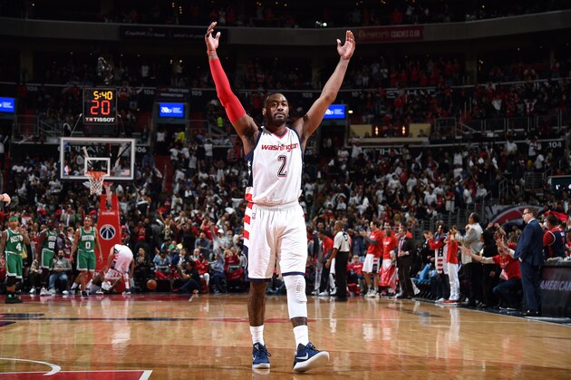 WASHINGTON, DC -  MAY 7: John Wall #2 of the Washington Wizards reacts during the game against the Boston Celtics during Game Four of the Eastern Conference Semifinals of the 2017 NBA Playoffs on May 7, 2017 at Verizon Center in Washington, DC. NOTE TO USER: User expressly acknowledges and agrees that, by downloading and or using this Photograph, user is consenting to the terms and conditions of the Getty Images License Agreement. Mandatory Copyright Notice: Copyright 2017 NBAE (Photo by Brian Babineau/NBAE via Getty Images)