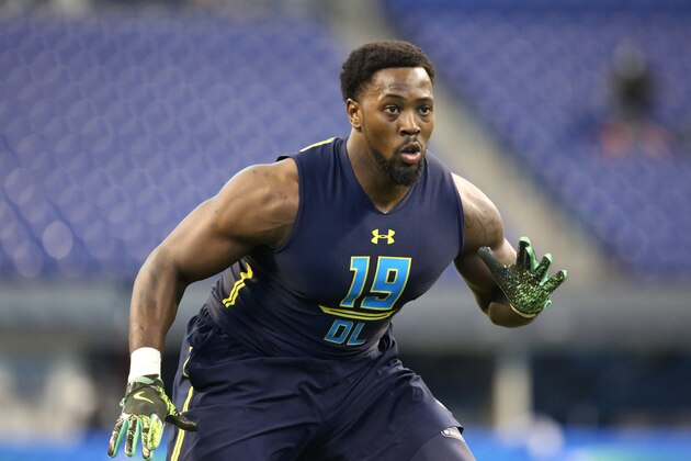 Missouri defensive end Charles Harris competes in a drill at the 2017 NFL football scouting combine Sunday, March 5, 2017, in Indianapolis. (AP Photo/Gregory Payan)
