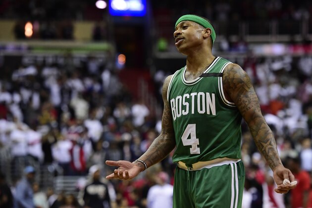 WASHINGTON, DC - MAY 07: Isaiah Thomas #4 of the Boston Celtics reacts after a call in the second half against the Washington Wizards in Game Four of the Eastern Conference Semifinals at Verizon Center on May 7, 2017 in Washington, DC. NOTE TO USER: User expressly acknowledges and agrees that, by downloading and or using this photograph, User is consenting to the terms and conditions of the Getty Images License Agreement. (Photo by Patrick McDermott/Getty Images)