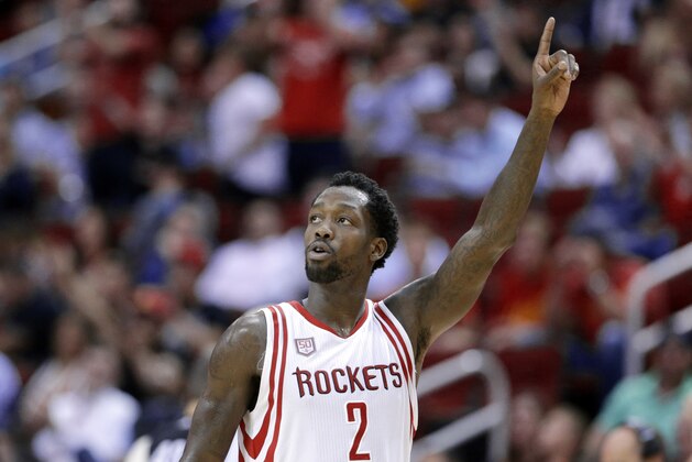 Houston Rockets' Patrick Beverley reacts after a turn over call against the Denver Nuggets in the second half of an NBA basketball game Wednesday, April 5, 2017, in Houston. (AP Photo/Michael Wyke)