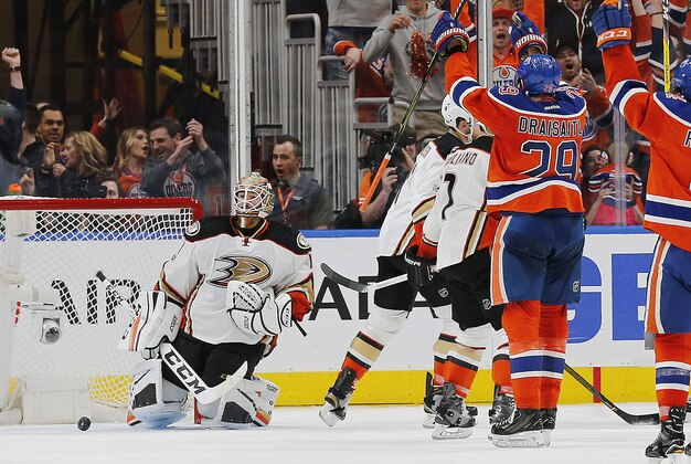 May 7, 2017; Edmonton, Alberta, CAN; Edmonton Oilers forward Leon Draisaitl (29) celebrates his second period hat-trick goal against the Anaheim Ducks in game six of the second round of the 2017 Stanley Cup Playoffs at Rogers Place. Mandatory Credit: Perry Nelson-USA TODAY Sports