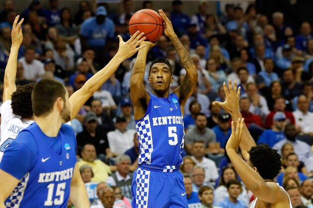 MEMPHIS, TN - MARCH 26: Malik Monk #5 of the Kentucky Wildcats shoots against Justin Jackson #44 of the North Carolina Tar Heels in the first half during the 2017 NCAA Men's Basketball Tournament South Regional at FedExForum on March 26, 2017 in Memphis, Tennessee.  (Photo by Kevin C. Cox/Getty Images)