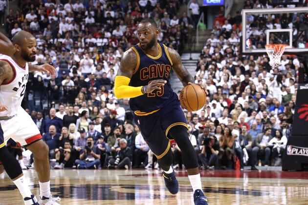TORONTO, CANADA - MAY 7: LeBron James #23 of the Cleveland Cavaliers handles the ball during the game against the Toronto Raptors in Game Four of the Eastern Conference Semifinals during the 2017 NBA Playoffs on May 7, 2017 at the Air Canada Centre in Toronto, Ontario, Canada.  NOTE TO USER: User expressly acknowledges and agrees that, by downloading and or using this Photograph, user is consenting to the terms and conditions of the Getty Images License Agreement.  Mandatory Copyright Notice: Copyright 2017 NBAE (Photo by Nathaniel S. Butler/NBAE via Getty Images)