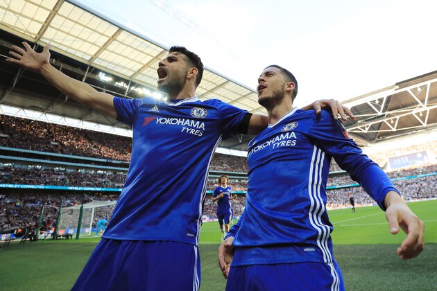 LONDON, ENGLAND - APRIL 22:  Eden Hazard of Chelsea celebrates scoring his sides third goal with Diego Costa of Chelsea  during The Emirates FA Cup Semi-Final between Chelsea and Tottenham Hotspur at Wembley Stadium on April 22, 2017 in London, England.  (Photo by Richard Heathcote/Getty Images)